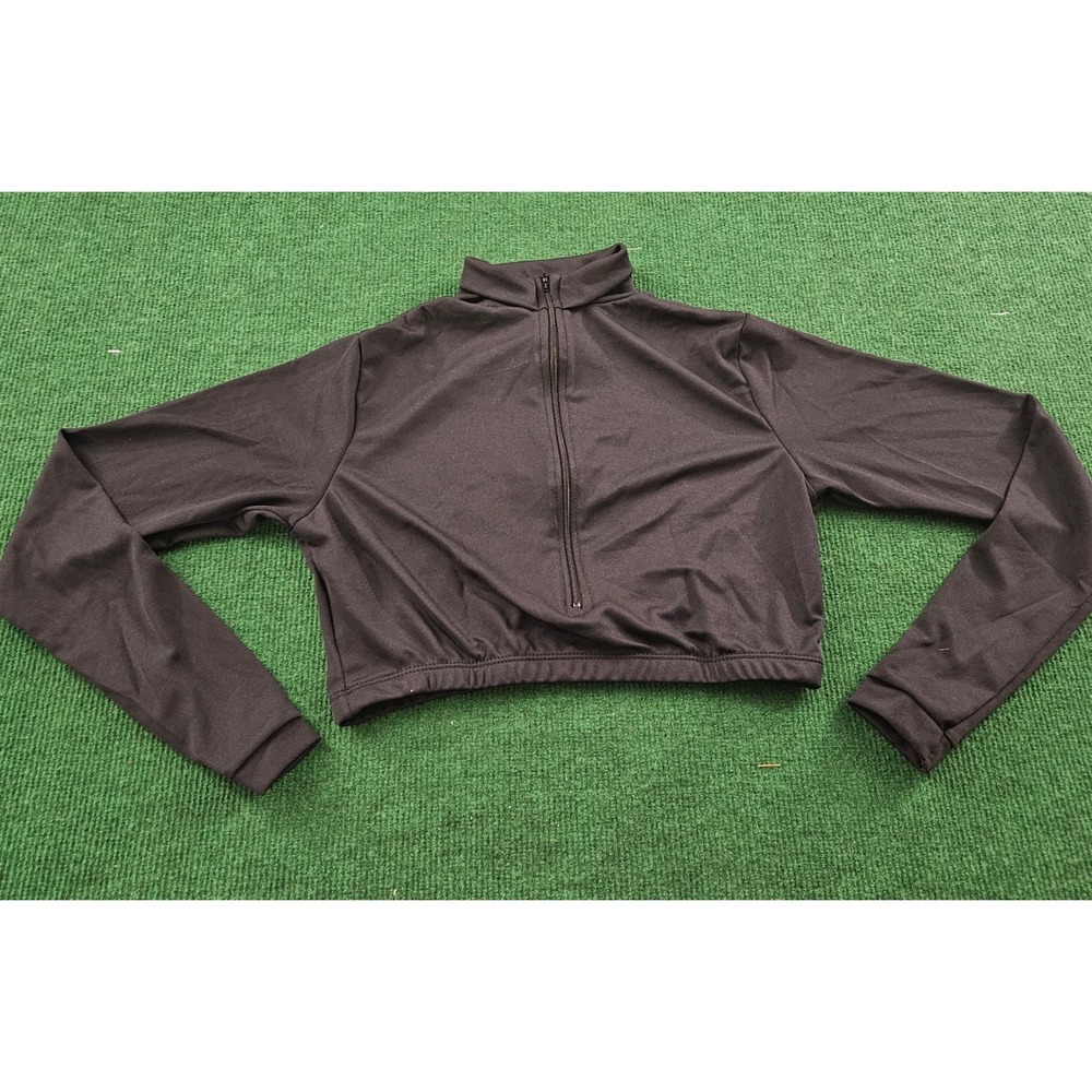 Black Cropped Zip Up‎ Jacket Long Sleeve Mock Neck Athletic Athleisure